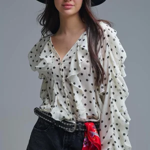 Chemise en mousseline de soie boutonnée à pois avec volants