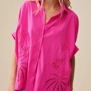 Chemise oversize Fuchsia à palmiers brodés