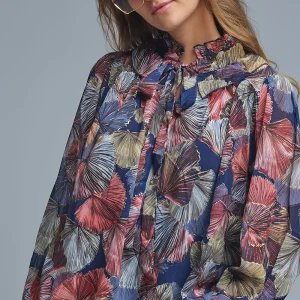 Chemisier à volants imprimé boho-chic imprimé palmiers métalliques