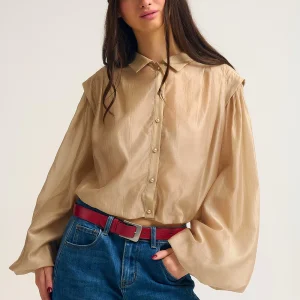 Chemisier en soie Tencel à manches ballon et boutons en nacar