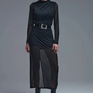 Chic Black Sheer Polka Dot Midi Dress