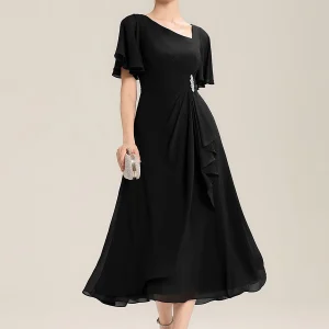 ever LILOU|Robe de soirée mi-longue en mousseline de soie à manches courtes