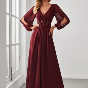ever AMOUR|Robe de Soiree Longue Elegante Avec Lanterne en V Profond a Manches Fendues et Appliques