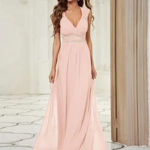 Robe longue de demoiselle d'honneur froncée à col en V