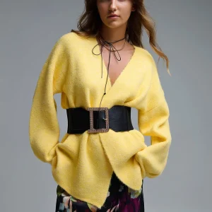 Gilet Cache-Cœur Tricoté Jaune Élégant