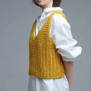 Gilet crocheté jaune avec fils pailletés