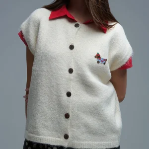 Gilet décontracté en tricot crème avec broderie d'un chien mignon