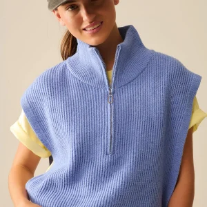 Gilet Tricoté avec Col Cheminée à Demi-Zip et Grandes Emmanchures en Bleu