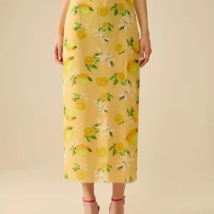 Jaune Jupe midi ajustée avec imprimé citron en tissu mesh