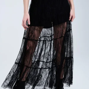 Jupe longue en dentelle noire à imprimé floral