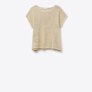 Open Knit Crochet dropped Sleeved Top in Beige