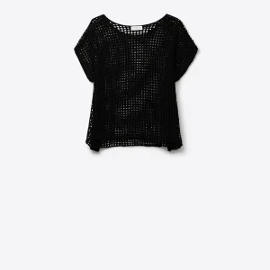 Open Knit Crochet dropped Sleeved Top in black