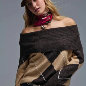 Pull à épaulettes à motif de diamants Cozy Brown