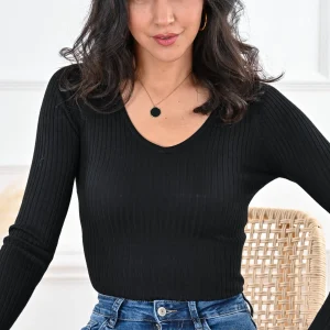 Pull côtelé en V à manches longues