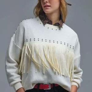 Pull élégant en tricot blanc avec franges