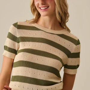 Pull en maille pointelle rayée à manches courtes en vert