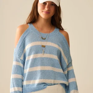 Pull Heather avec épaules ouvertes et rayures horizontales en bleu