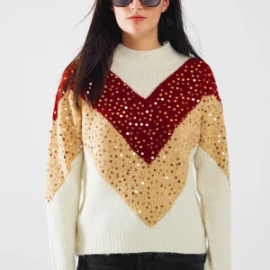 pull-over en tricot color block bordeaux et beige avec ornements en paillettes