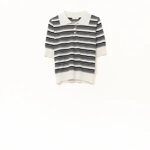 Pull rayé blanc et noir à col polo