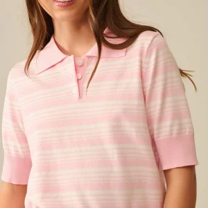 Pull rayé rose et blanc à col polo