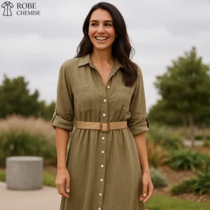 Robe Chemise Ceinturée Kaki