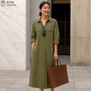 Robe Chemise Kaki Longue