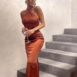 Robe cocktail longue terracotta