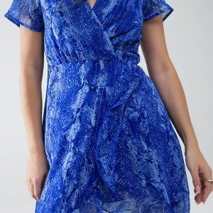 Robe courte enveloppante en imprimé animal bleu et lurex doré