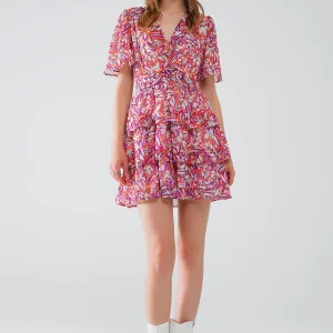 Robe courte multicolore à imprimé floral et à motif froncé
