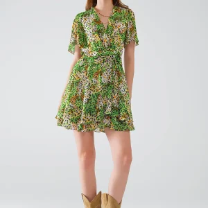 Robe courte verte multicouleure avec top croisé à imprimé animalier