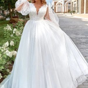 Robe de Mariée à Manches Bouffantes Grande Taille
