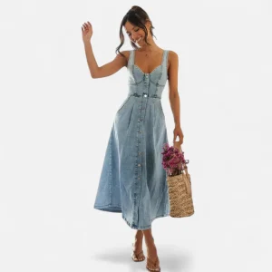 Robe en denim longue à décolleté cœur