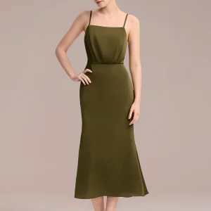 Robe D'invitée De Mariage Midi Olive À Fines Bretelles