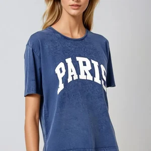 T-shirt décontracté bleu marine Paris avec lettres blanches