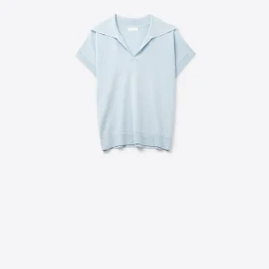 Top à manches courtes de type polo en maille fine bleu ciel