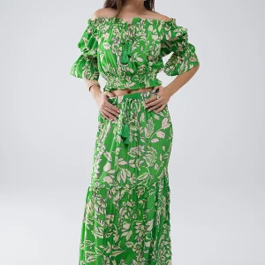 Top vert à taille élastiquée avec imprimé floral