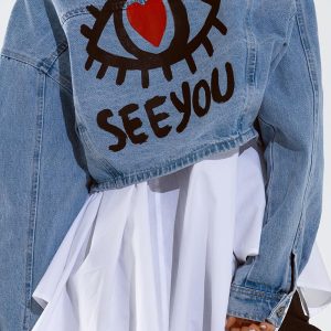 Veste en denim courte avec imprimé peint à la main sur le devant et dans le dos